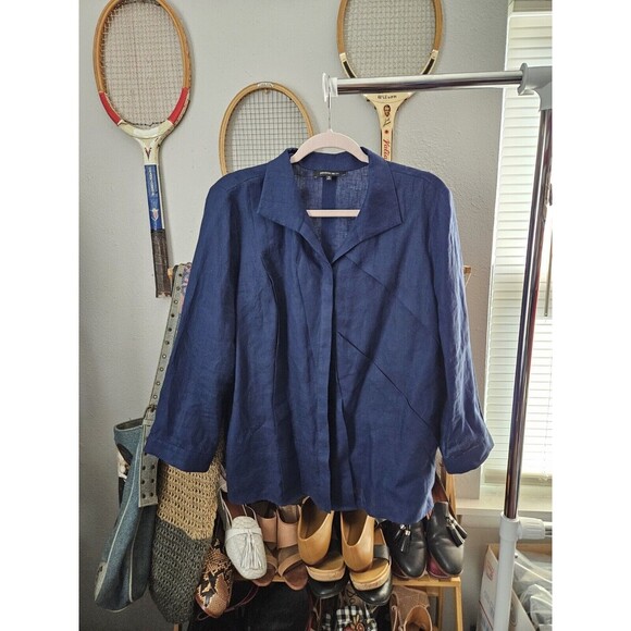 Lafayette 148 Navy Linen Pintuck Button Front Blouse Size 14 Unique - Picture 1 of 9